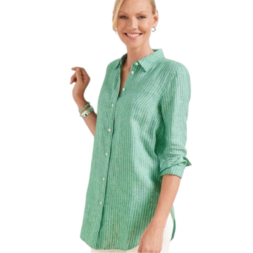 TALBOTS 100% Linen Firefly Striped Button Down Shirt in Green/White Size Small - Picture 10 of 10